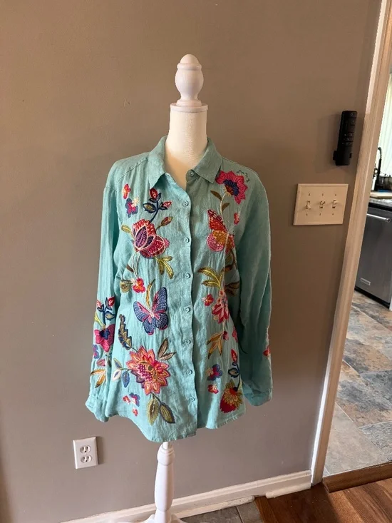 JOHNNY WAS GRACEY LINEN EMBROIRDERED OVERSIZED SHIRT LARGE - Picture 6 of 10